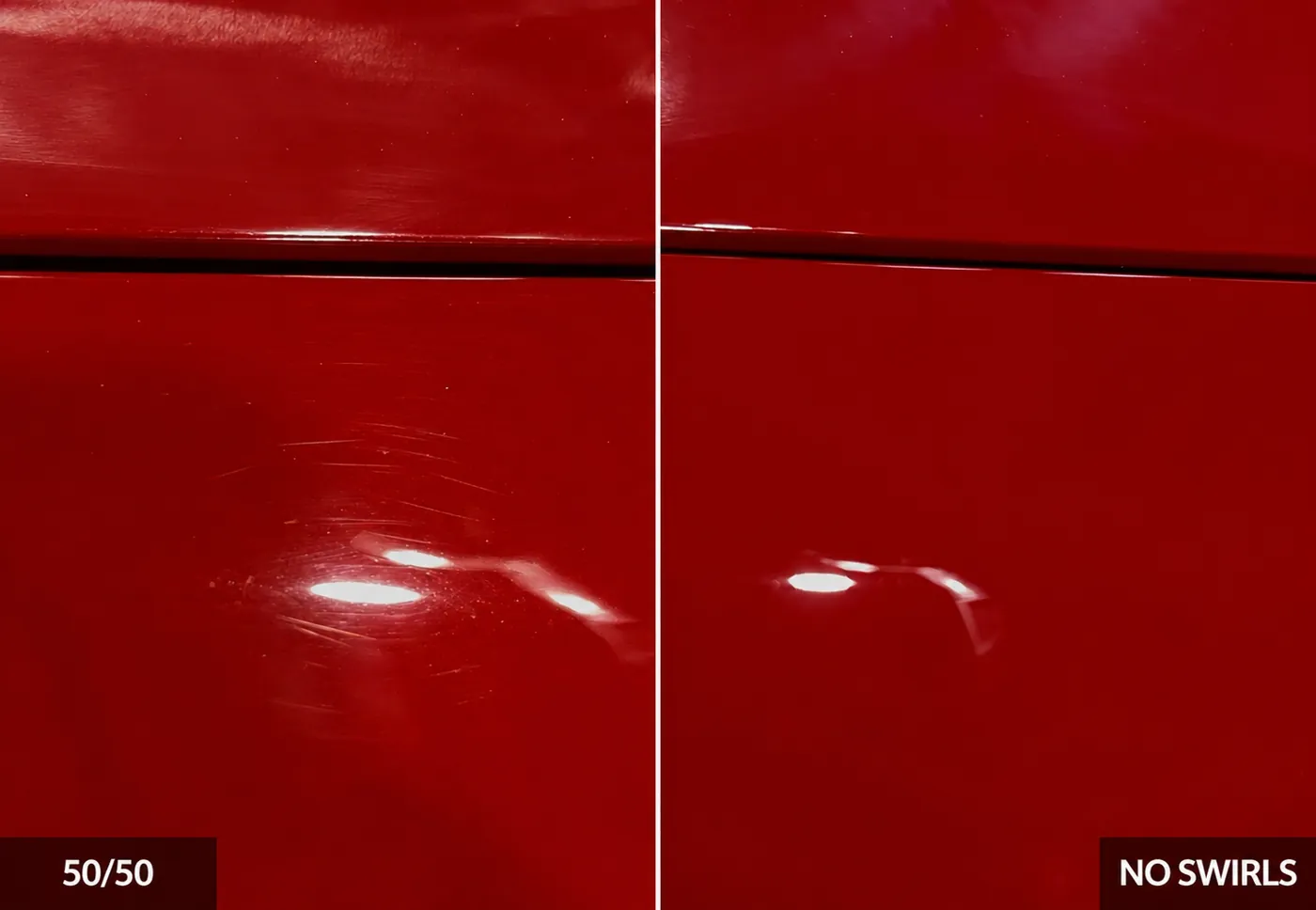 50/50 paint correction comparison on a red door panel showing scratches and swirls polished out