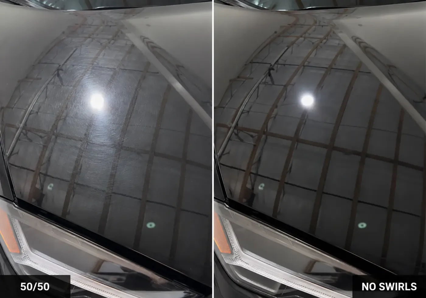 50/50 paint correction comparison on a black hood showing swirl marks removed by Carson's Mobile Detailing